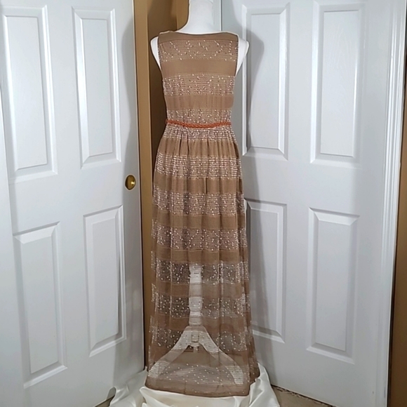 A'reve Striped Sleeveless Maxi Sundress Dress Brown Cream Crocheted Front - Picture 6 of 16